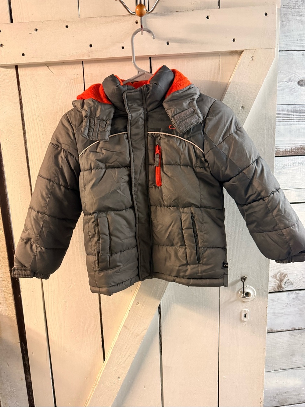 Kids Gray Puffer Jacket with Orange Trim and Hood